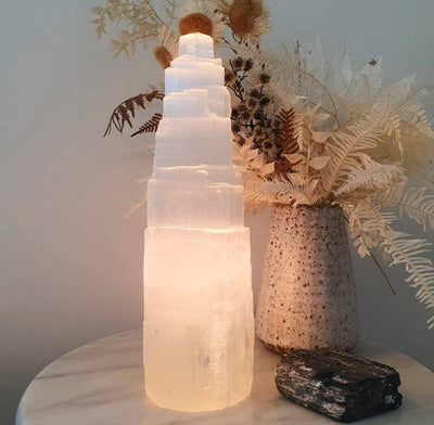 Moroccan Selenite Crystal Tower Lamp gift box